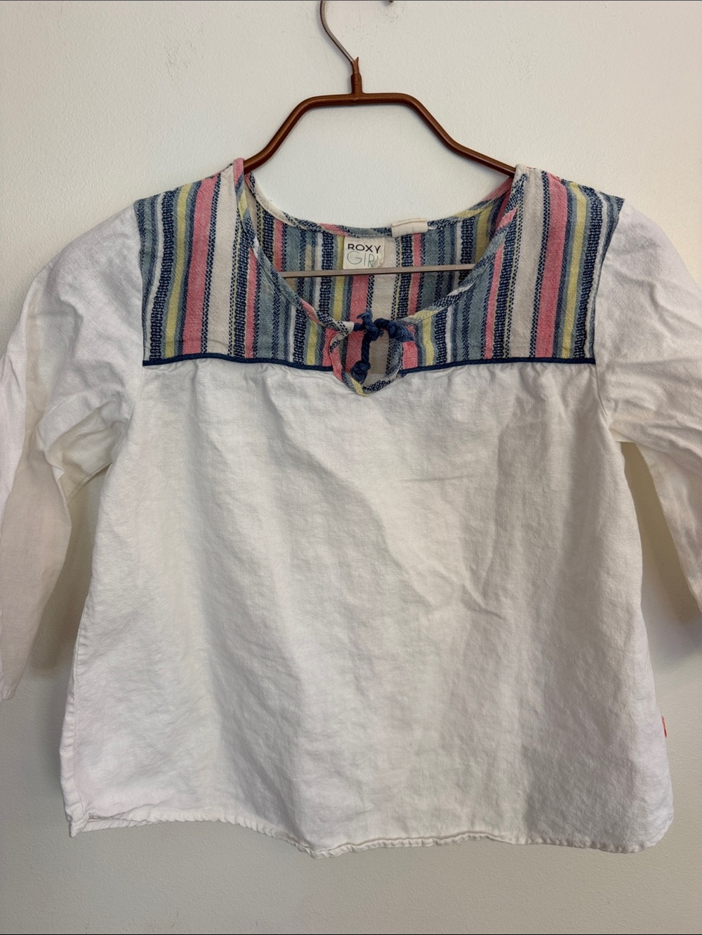 Roxy Girl White Top with Navy, Pink, Yellow & Green Stripe Yoke